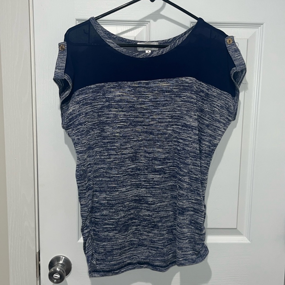 M blue and white blouse